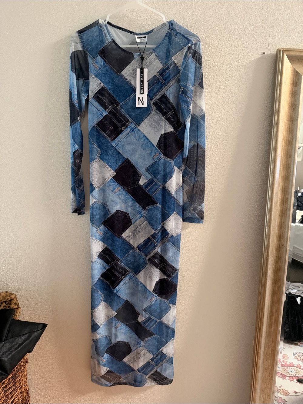 Noisy May Blue & Navy Sheer Long Sleeve Maxi Dress. Made to look like Denim. NWT